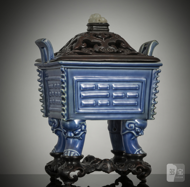 A fine powder blue glazed porcelain incense burner 'fang ding' with bagua trigrams, wooden stand and cover with jade knob
